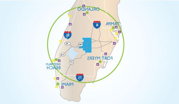 Map showing Highlands County's proximity to other metro areas in Central Florida